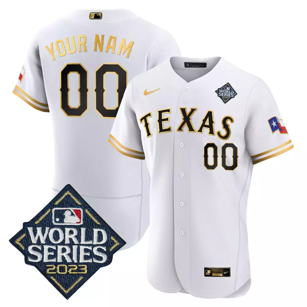 white gold youth texas rangers 2023 world series flex base custom jersey v2 all stitched