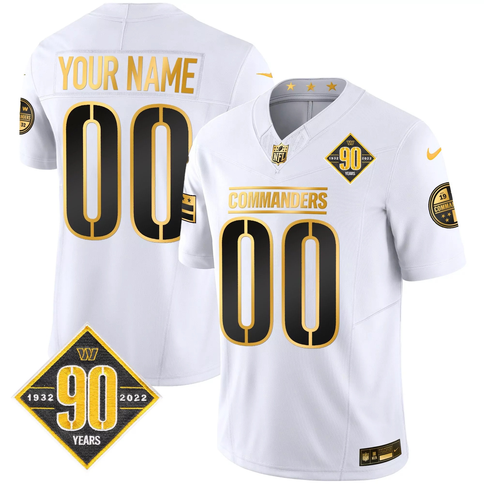 white gold youth washington commanders 90th anniversary patch gold vapor custom jersey all stitched