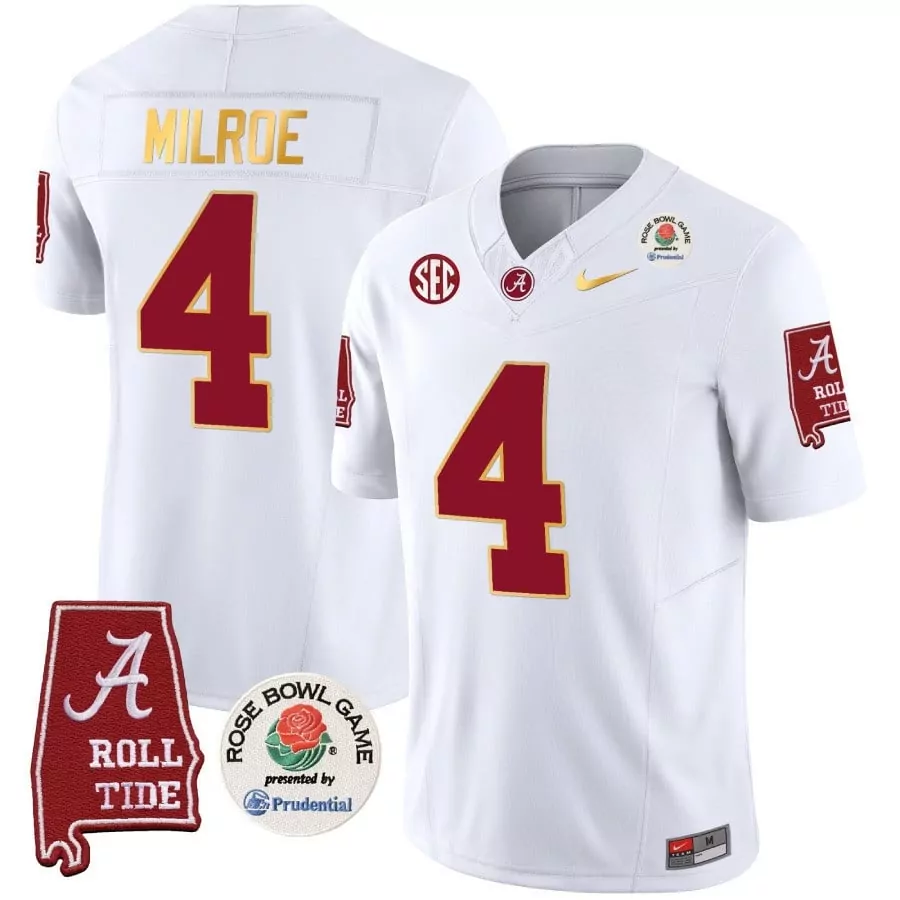 white jalen milroe mens alabama crimson tide rose bowl patch gold trim vapor limited jersey all stitched