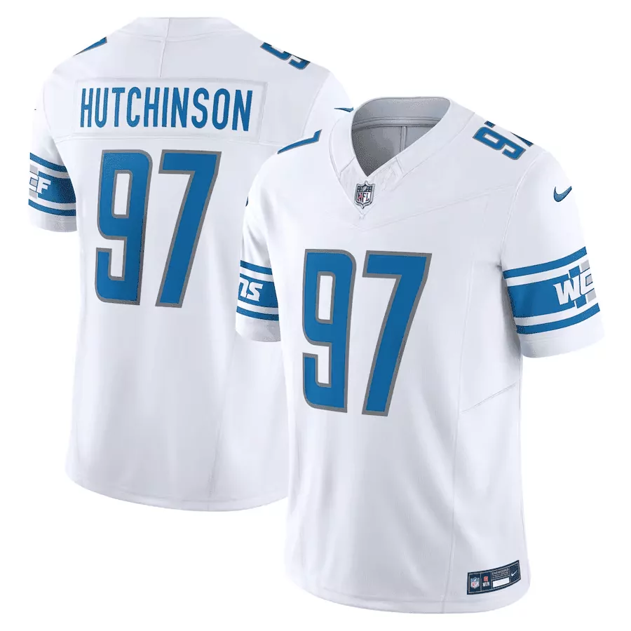 white hutchinson mens detroit lions 2023 nfc north division champions 90th year patch vapor jersey all stitched