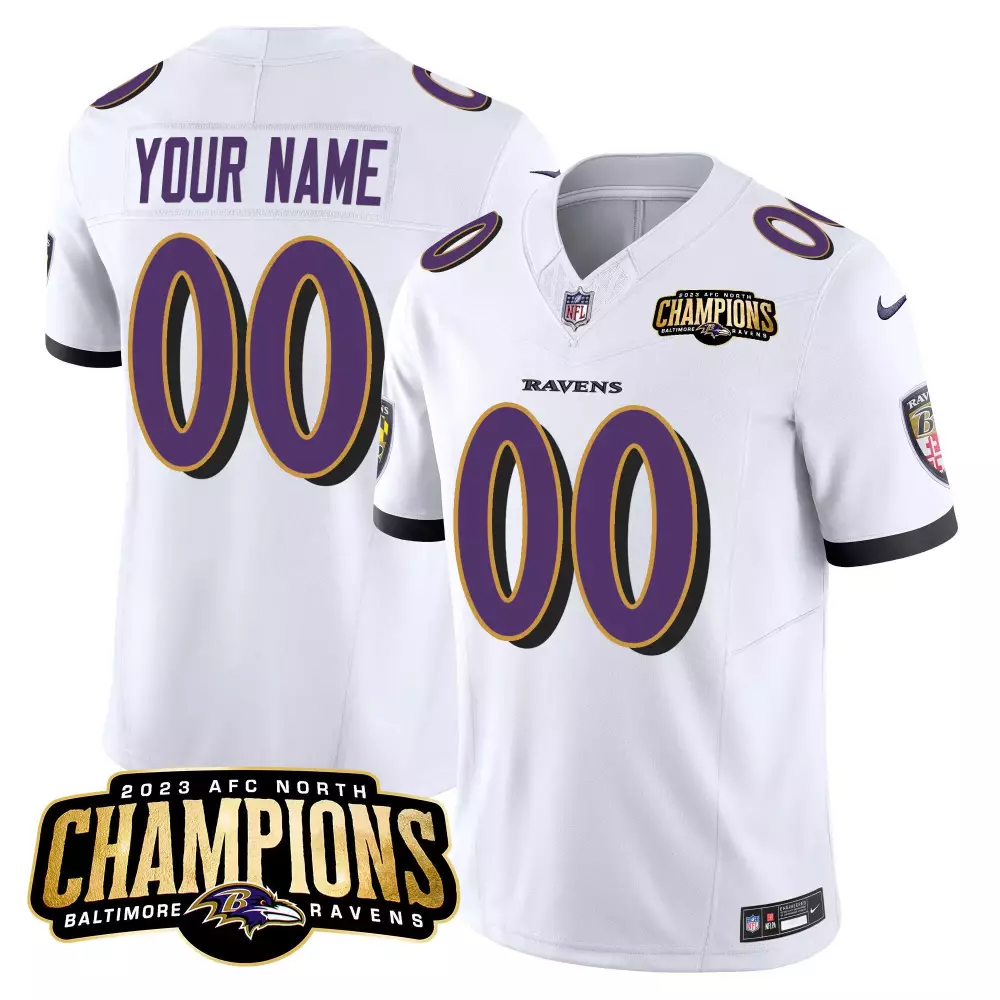 white men baltimore ravens 2023 afc north champions patch vapor limited custom jersey all stitched