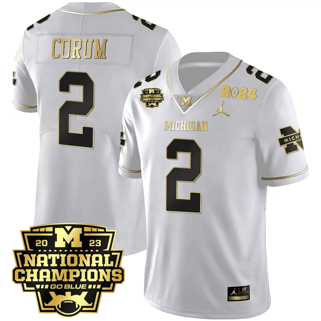 white men blake corum michigan wolverines 2023 national champions patch white gold jersey all stitched