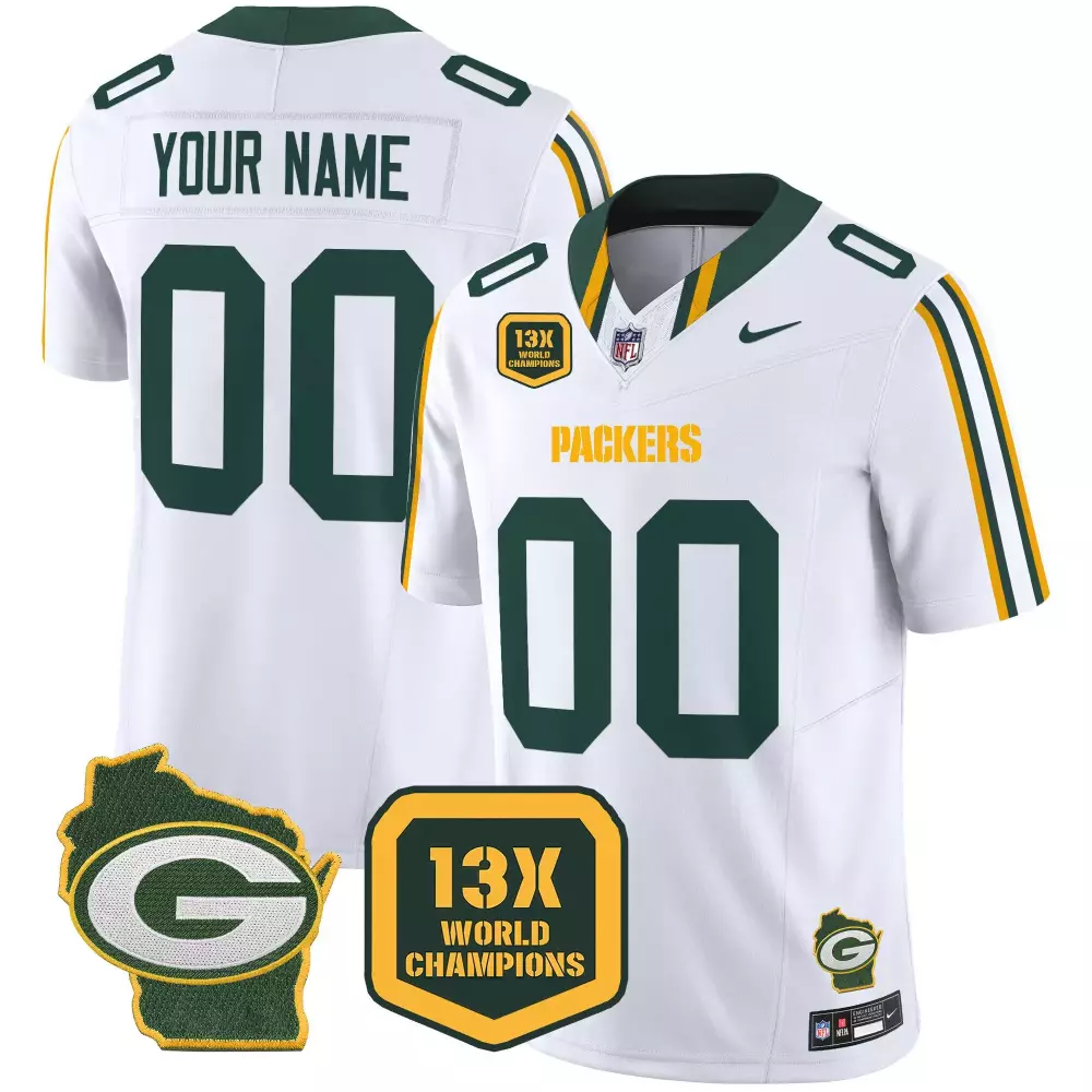 Green Bay Packers 13 Time World Champions Home Patch Vapor Limited Custom Jersey | All Stitched Design | Fan Gear for Men, Women & Youth