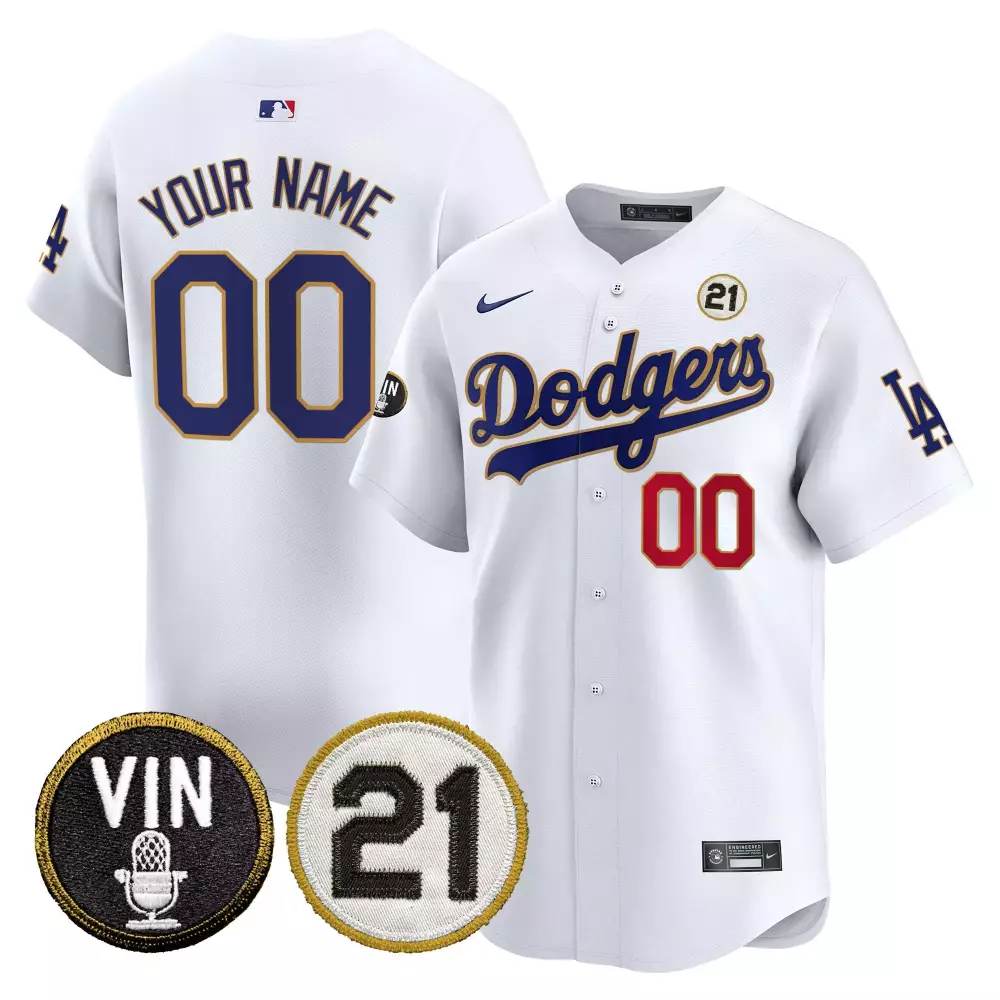 Vin Roberto Patch Dodgers Custom Jersey | Gold Trim Vapor Premier Limited Edition | Fan Gear for Men, Women & Youth
