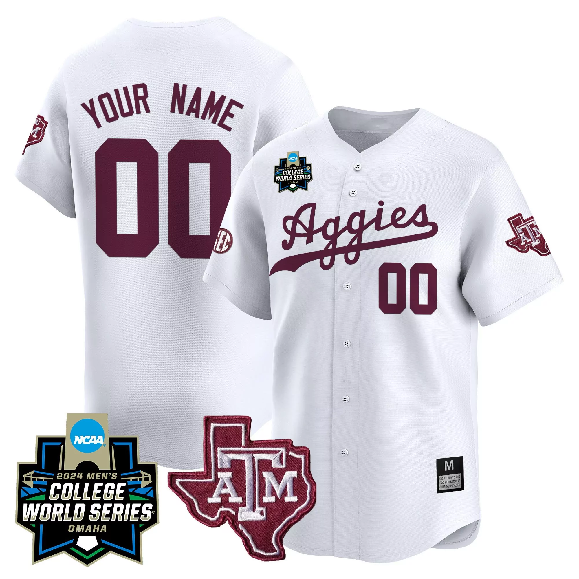 white men texas am aggies 2024 college world series patch vapor premier limited custom jersey all stitched