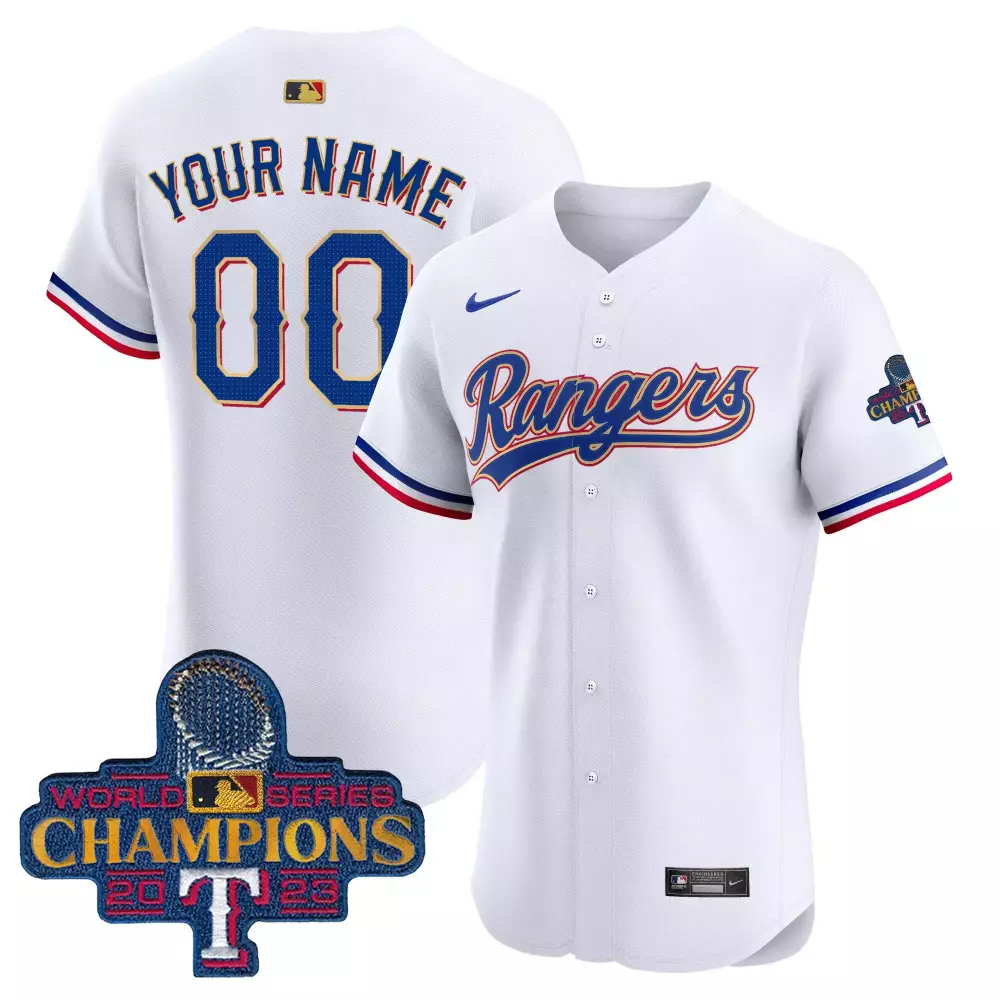 white men texas rangers 2023 world series champions gold trim vapor premier elite custom jersey all stitched