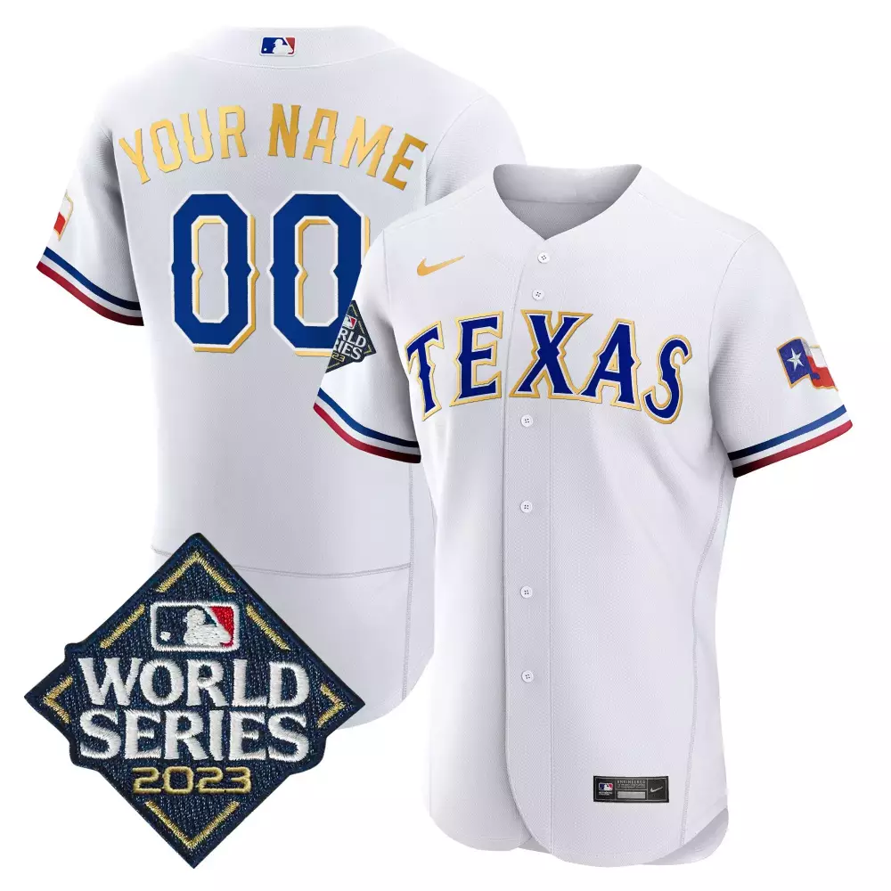 white men texas rangers 2023 world series flex base gold trim custom jersey all stitched