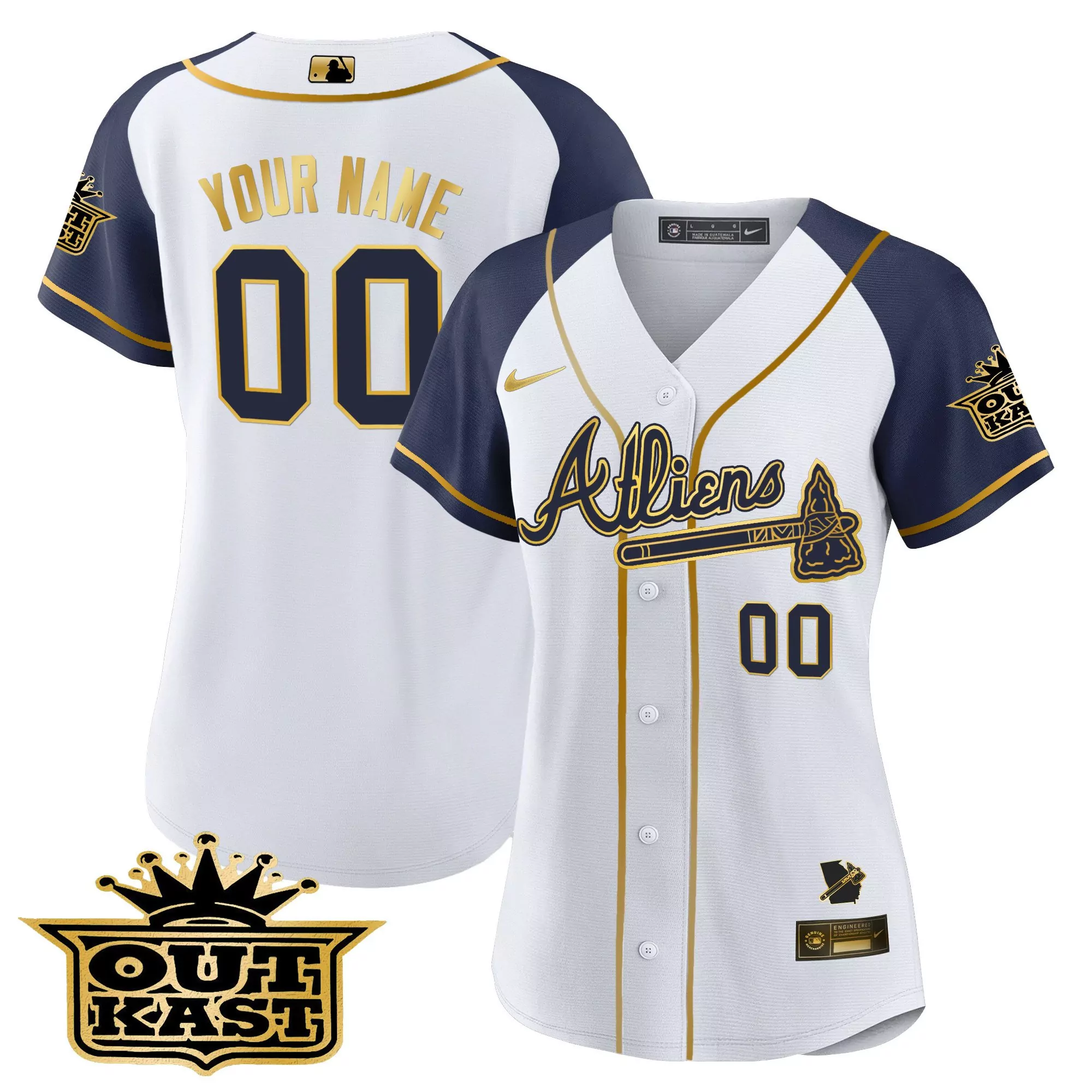 white navy women atlanta braves atliens gold alternate flex base custom jersey all stitched