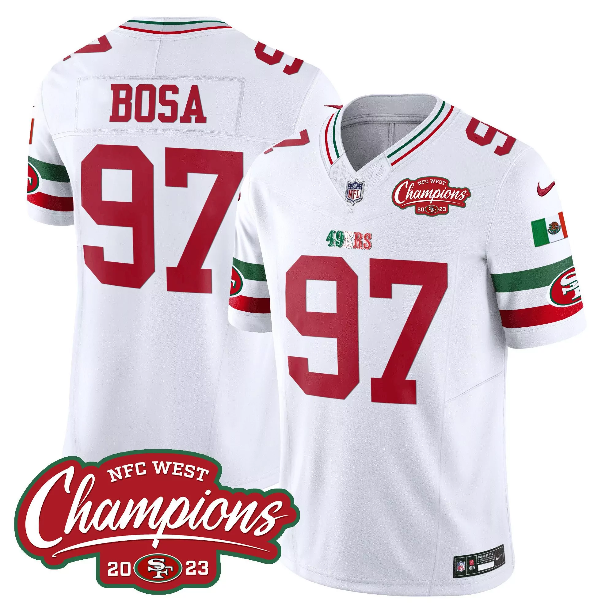 white nick bosa all players san francisco 49ers mexico 2023 nfc west champions patch vapor jersey men