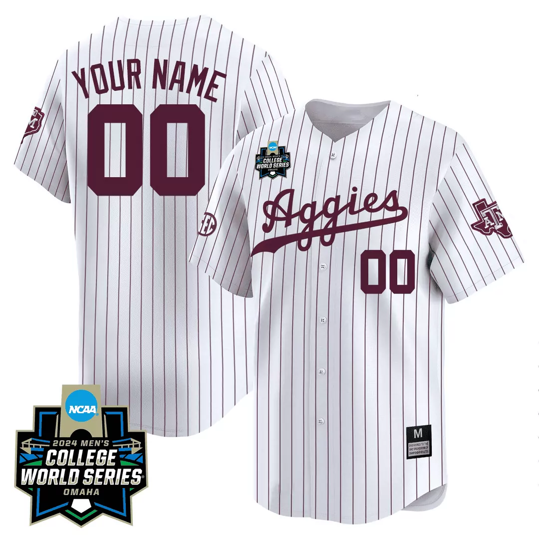 white pinstripe men texas am aggies 2024 college world series patch vapor premier limited custom jersey all stitched