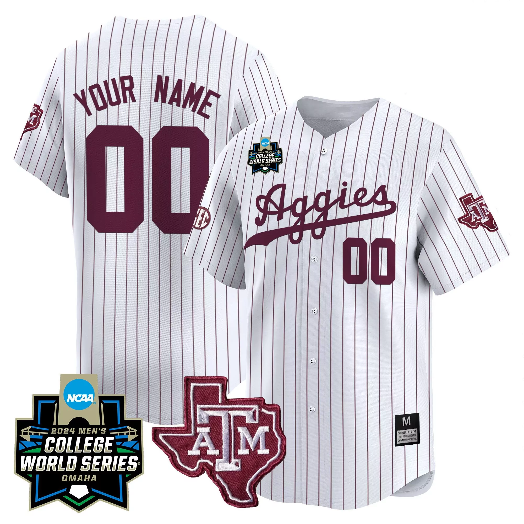 white pinstripe men texas am aggies 2024 college world series patch vapor premier limited custom jersey all stitched