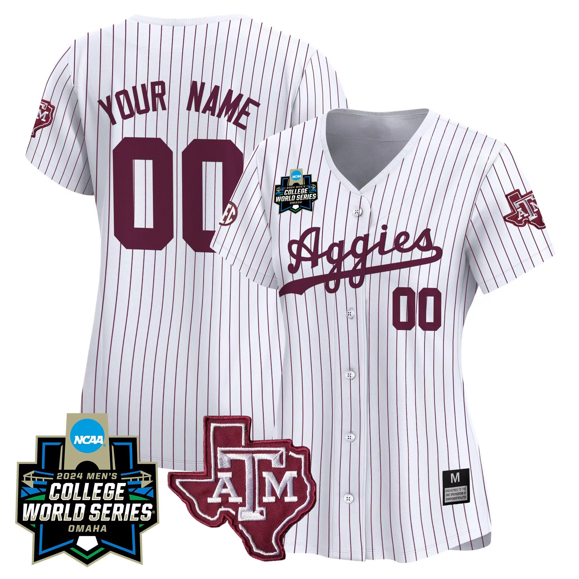 white pinstripe men texas am aggies 2024 college world series patch vapor premier limited custom jersey all stitched