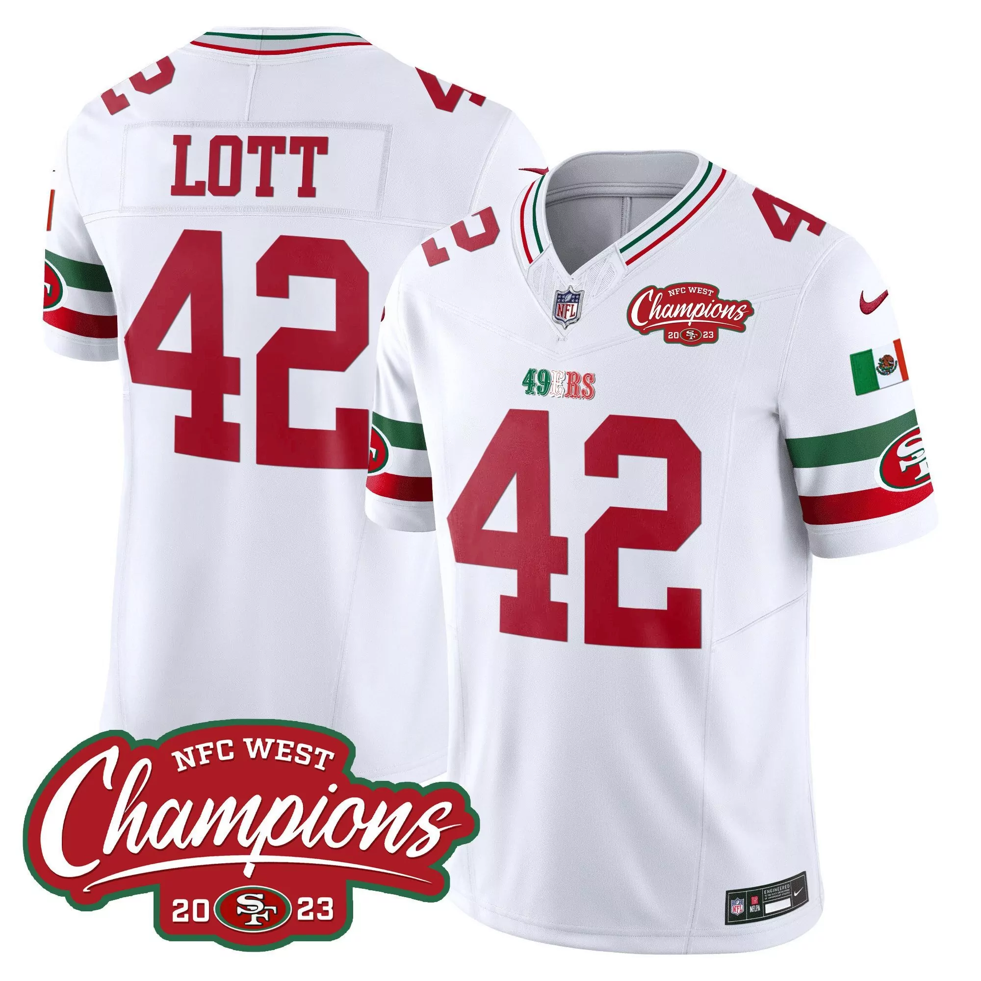 white nick bosa all players san francisco 49ers mexico 2023 nfc west champions patch vapor jersey men