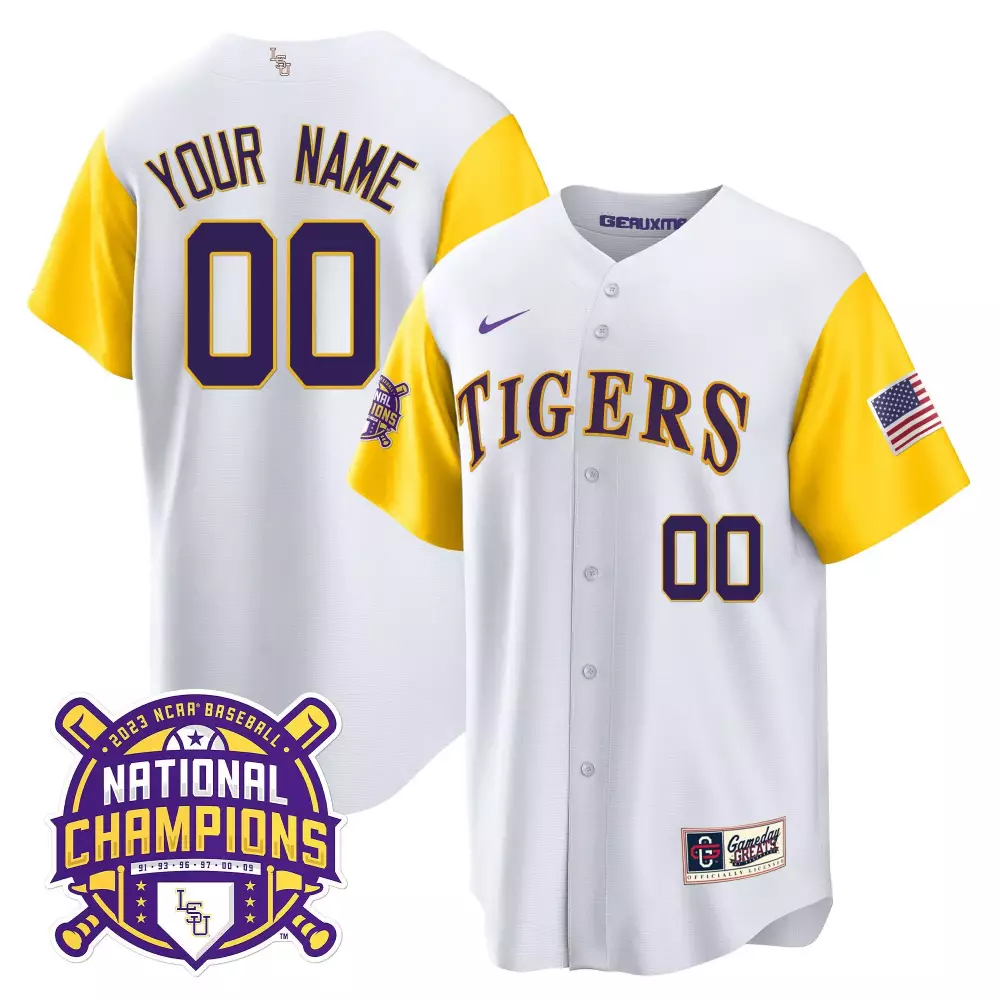 white sleeves men lsu tigers 2023 national champions alternate color sleeves custom jersey all stitched