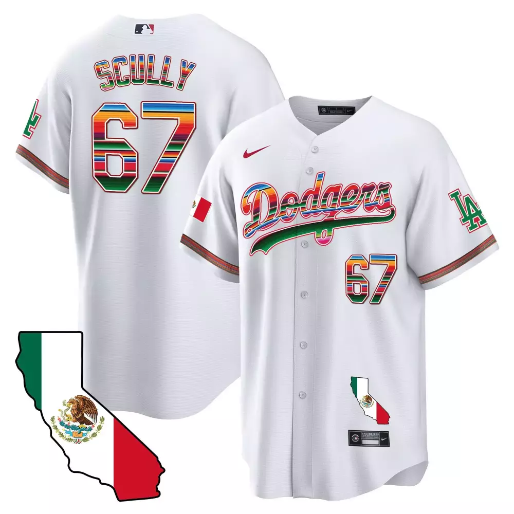 Vin Scully Dodgers Mexico California Map Cool Base Jersey | White | Fan Gear for Men, Women & Youth