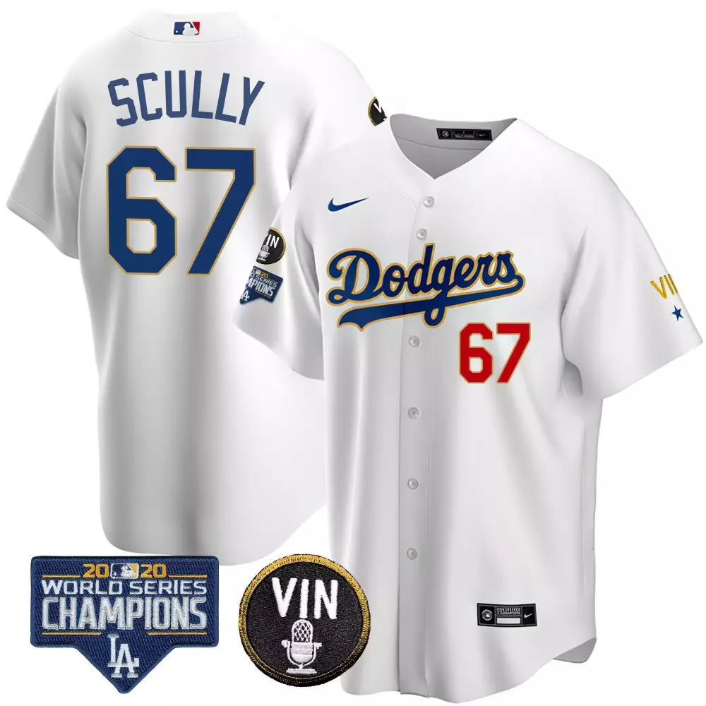 Vin Scully Dodgers World Series Champions Patch Gold Trim Jersey | Limited Edition Stitched Fan Gear | For Women
