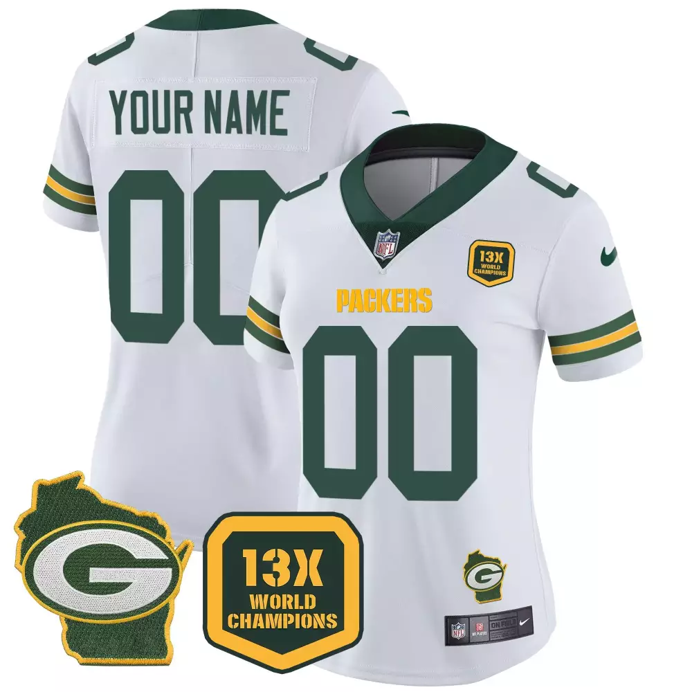Green Bay Packers Women's 13 Time World Champions Home Patch Vapor Custom Jersey | All Stitched Design | Fan Gear for Women