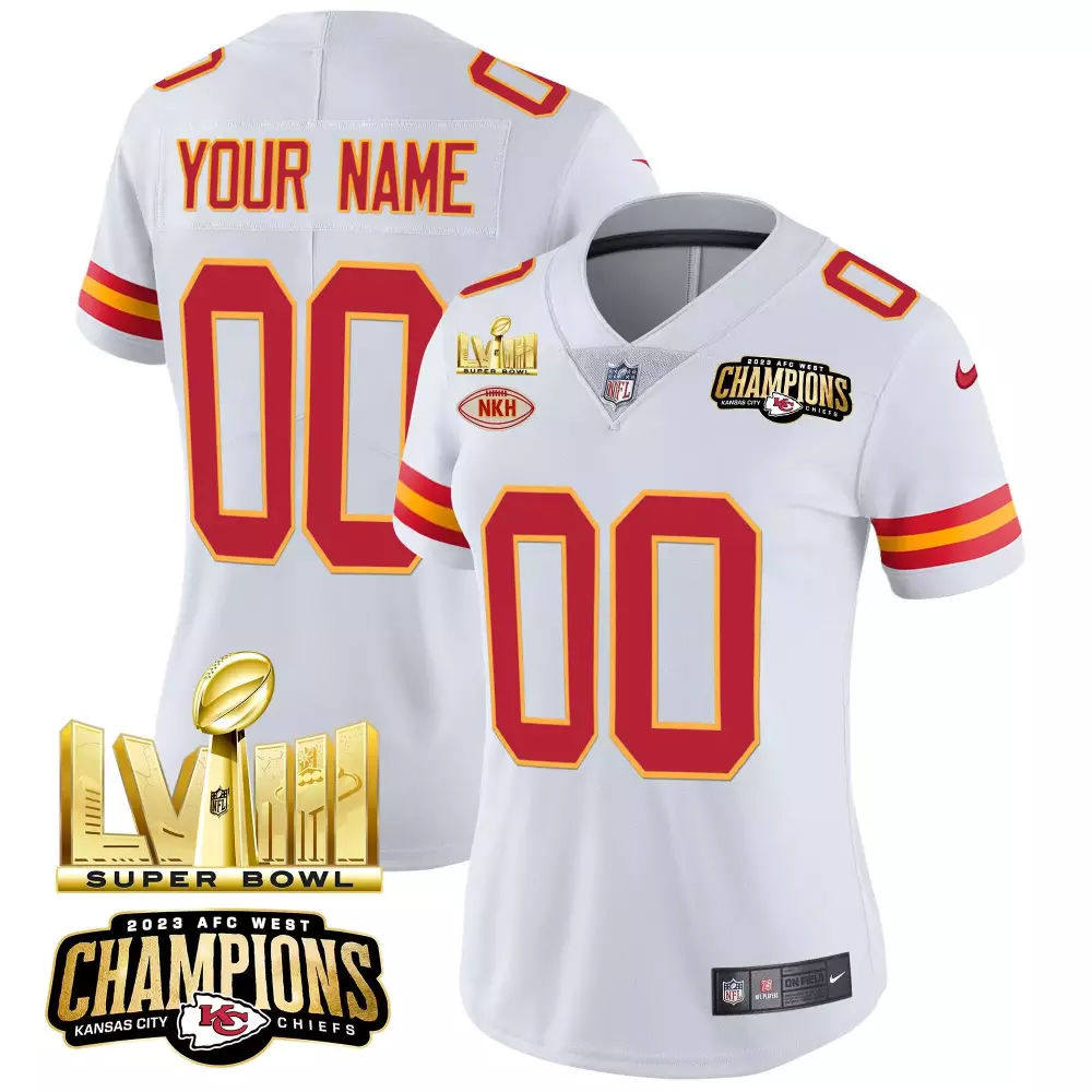 white women kansas city chiefs afc west champions super bowl lviii gold patch vapor custom jersey all stitched