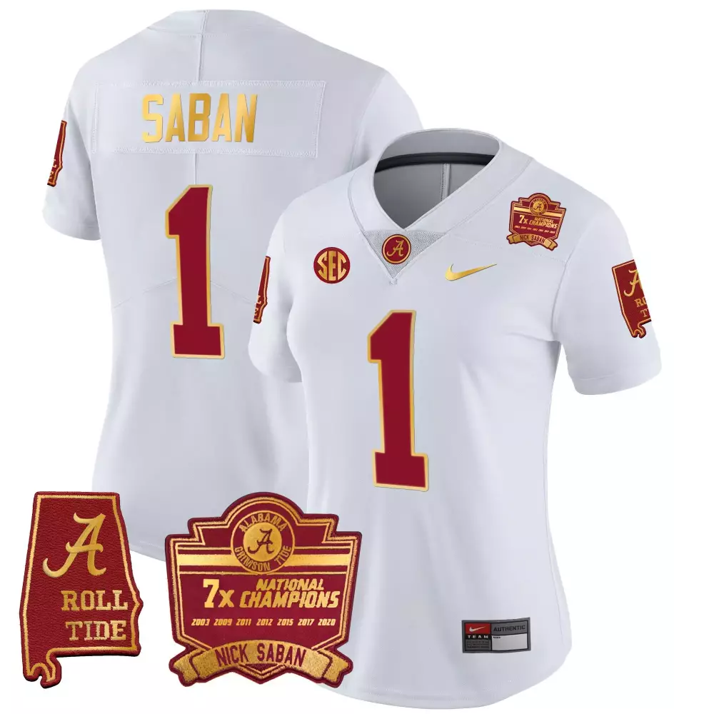 white women nick saban alabama crimson tide 7x champions patch gold trim jersey all stitched