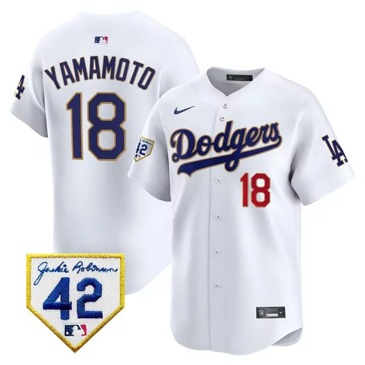 Yamamoto Men's White Dodgers 2024 Jackie Robinson Patch Vapor Premier Jersey | Limited Edition Fan Gear | For Men, Women & Youth