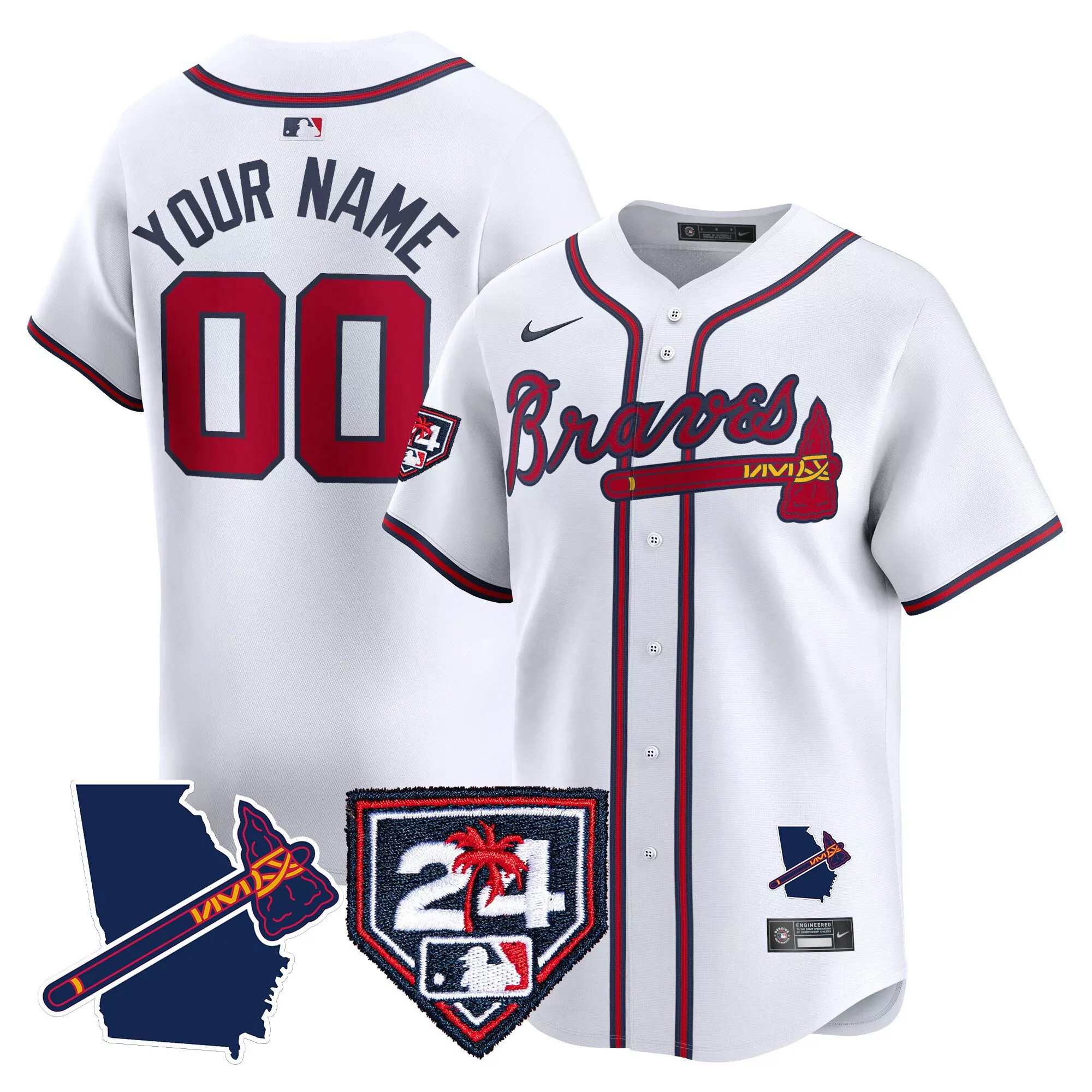 white youth atlanta braves 2024 spring training georgia patch vapor premier limited custom jersey all stitched