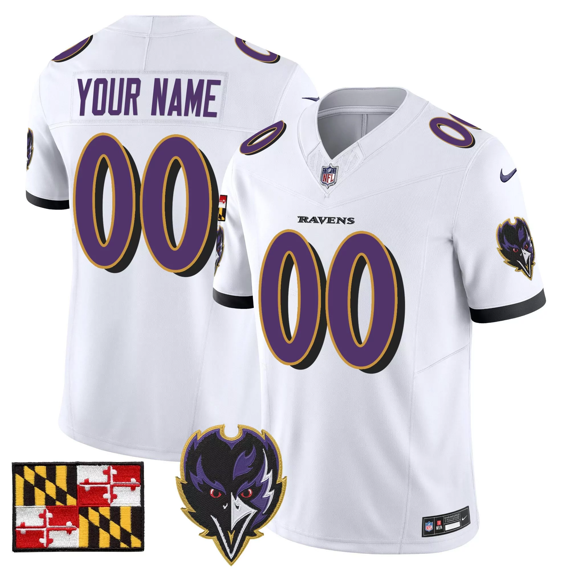 white youth baltimore ravens 2024 maryland flag vapor limited custom jersey v2 all stitched