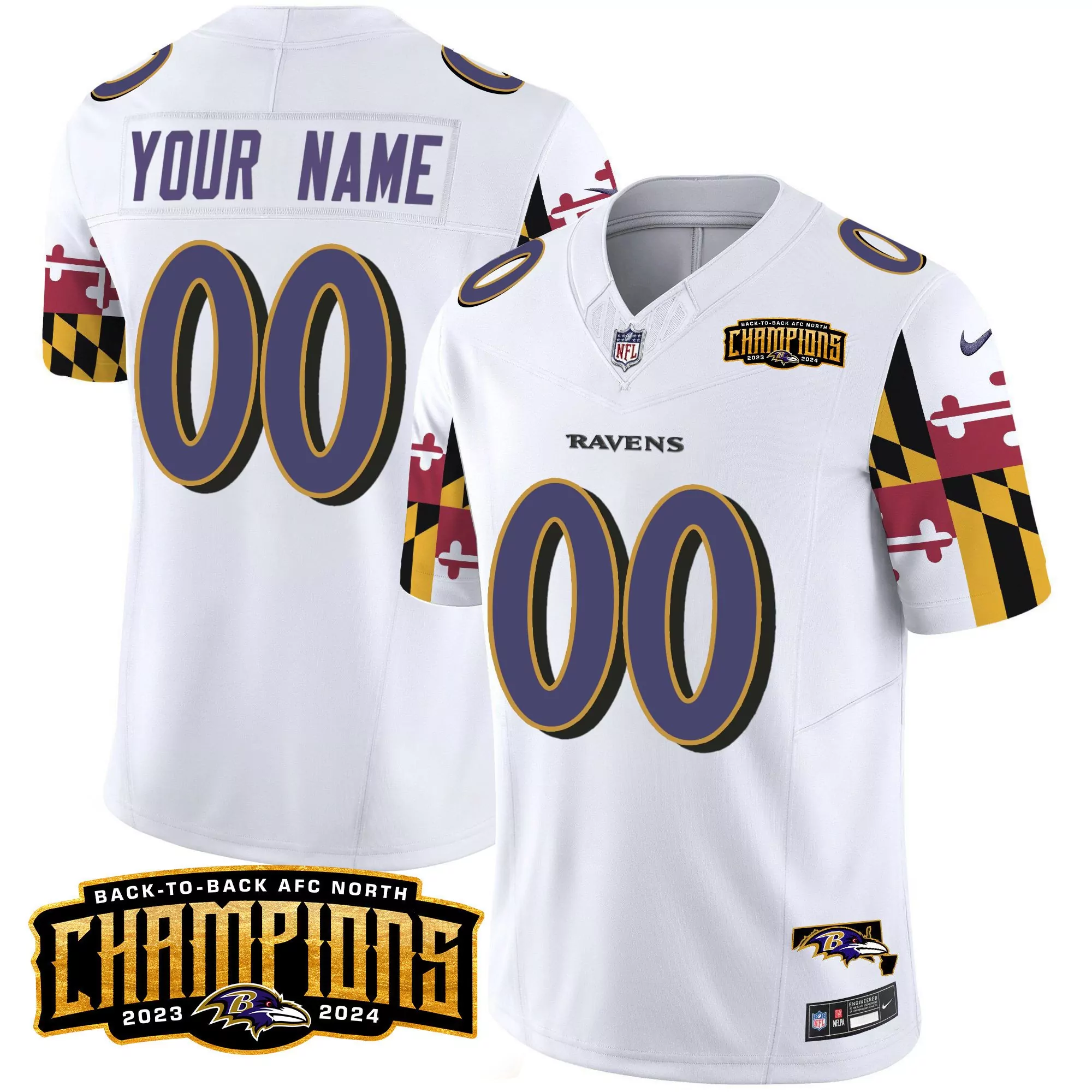 white youth baltimore ravens maryland flag back to back afc north champions patch vapor limited custom jersey all stitch