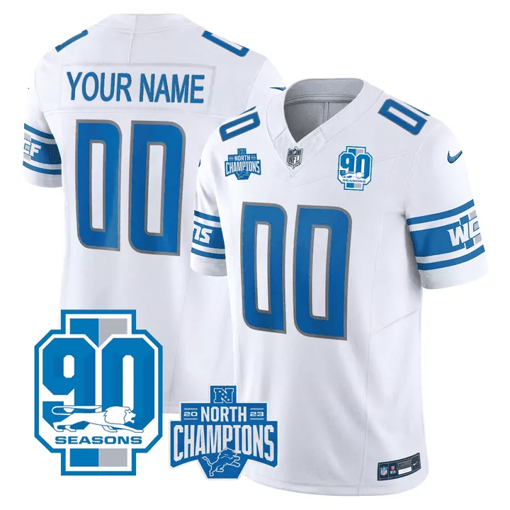 white youth detroit lions 2023 nfc north champions patch vapor custom jersey v2 all stitched