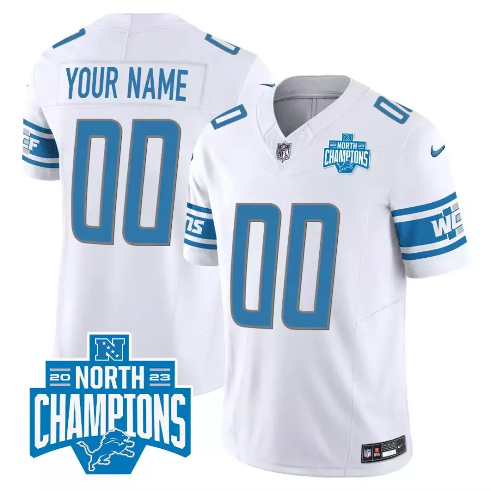 white youth detroit lions 2023 nfc north champions patch vapor custom jersey v2 all stitched