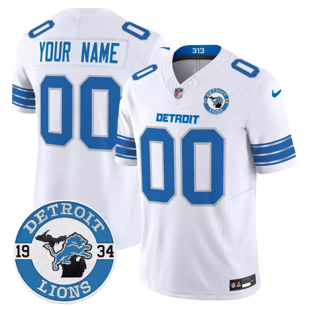 white youth detroit lions 2024 vapor limited custom jersey est 1934 patch all stitched
