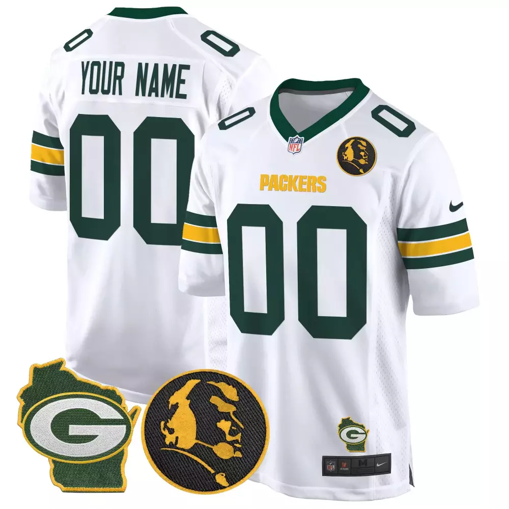 Green Bay Packers Youth John Madden Home Patch Game Custom Jersey | Stitched White Fan Gear | For Men, Women & Youth