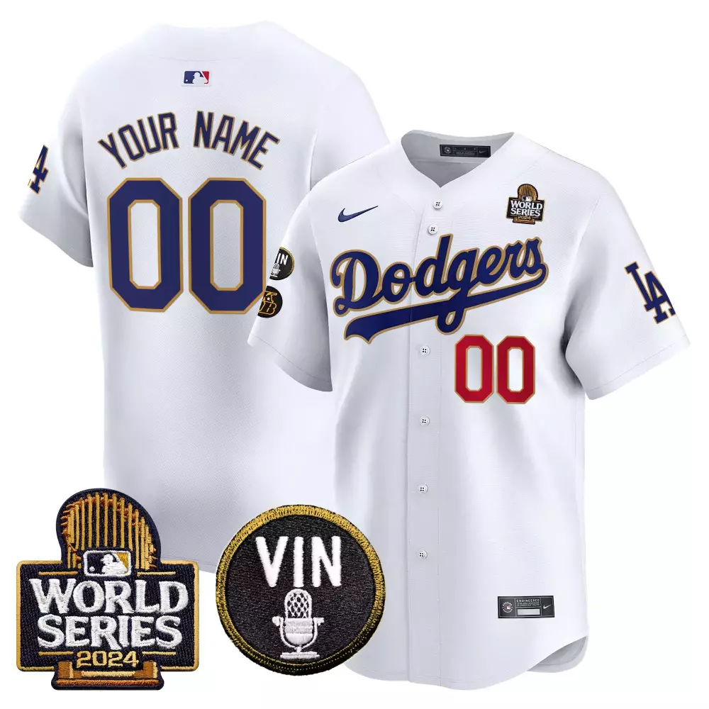 Youth White Dodgers 2024 World Series Gold Trim Vapor Premier Limited Custom Jersey V2 | All Stitched Fan Gear | For Men, Women & Youth