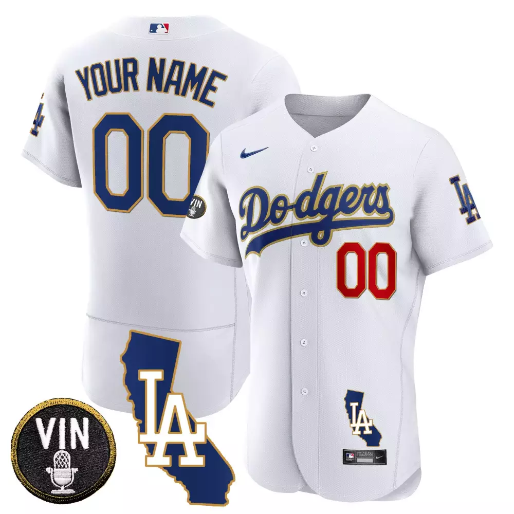 Los Angeles Dodgers California Patch Gold Trim Flex Base Custom Jersey | Alternate White Style | All Stitched Fan Gear | For Men
