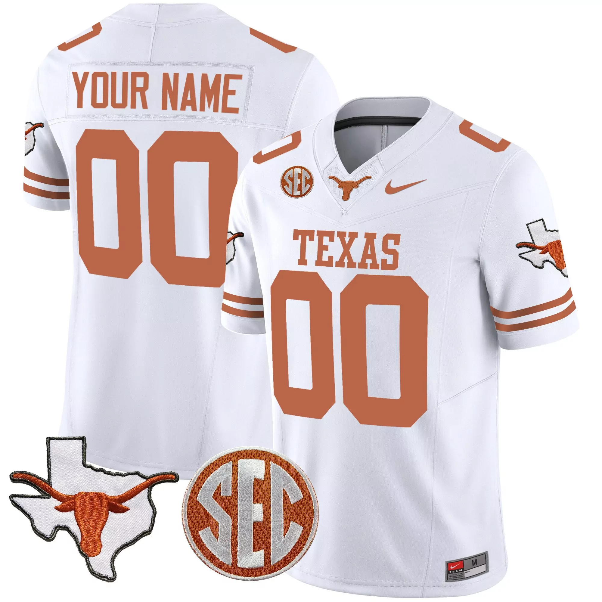 white youth texas longhorns state map sec patch vapor custom jersey v4 all stitched