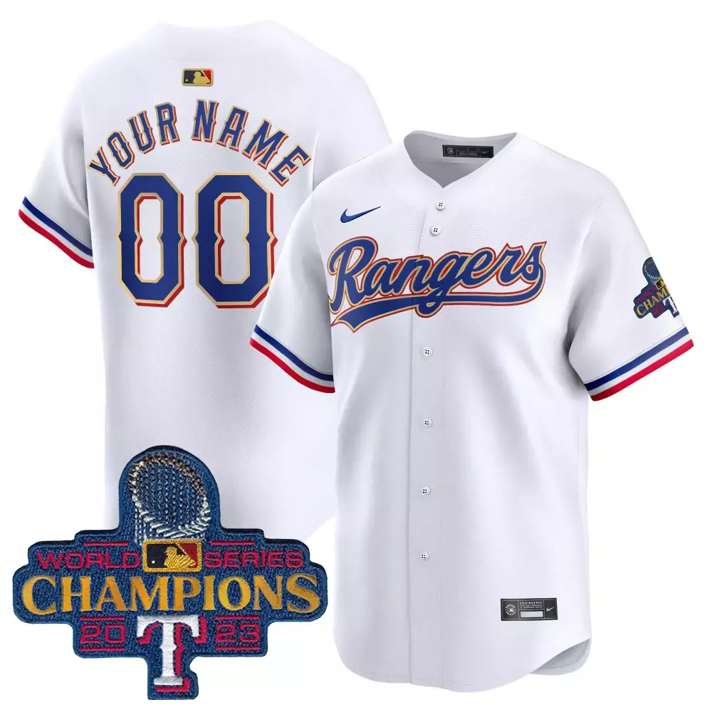 white youth texas rangers 2023 world series champions gold trim vapor premier limited custom jersey all stitched