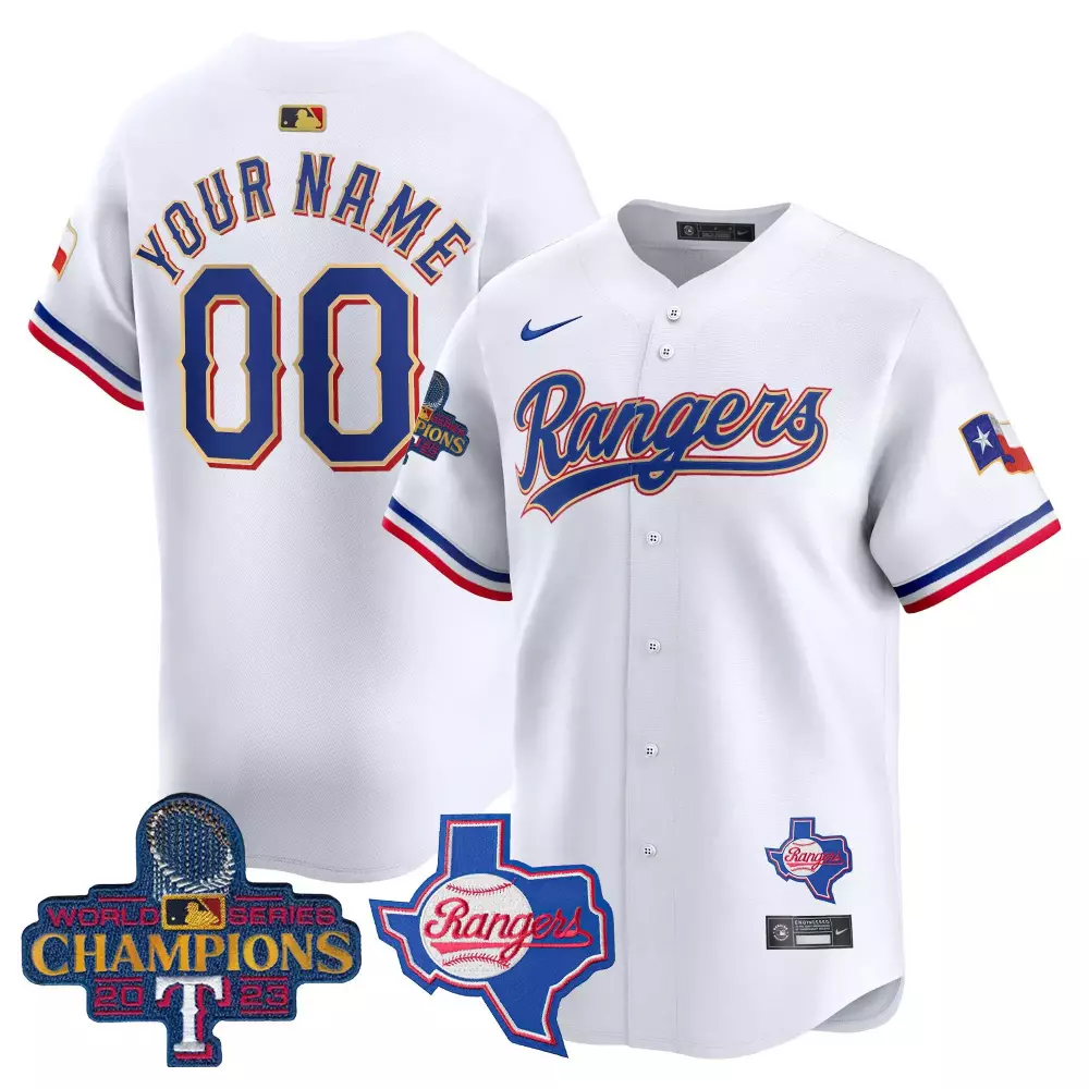 white youth texas rangers 2023 world series champions gold trim vapor premier limited custom jersey all stitched