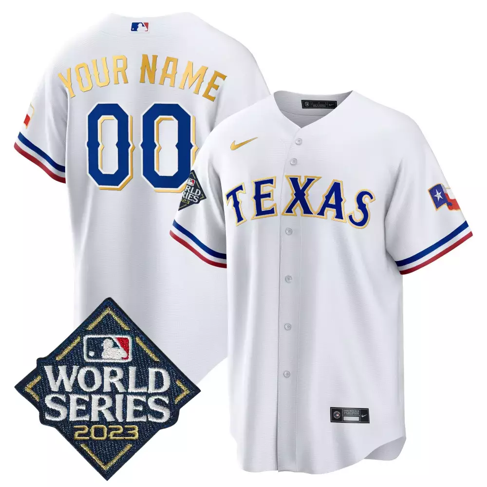 white youth texas rangers 2023 world series cool base gold trim custom jersey all stitched