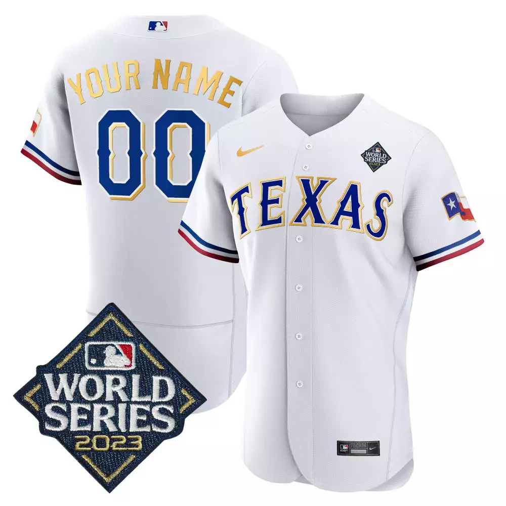 white youth texas rangers 2023 world series flex base gold trim custom jersey v2 all stitched
