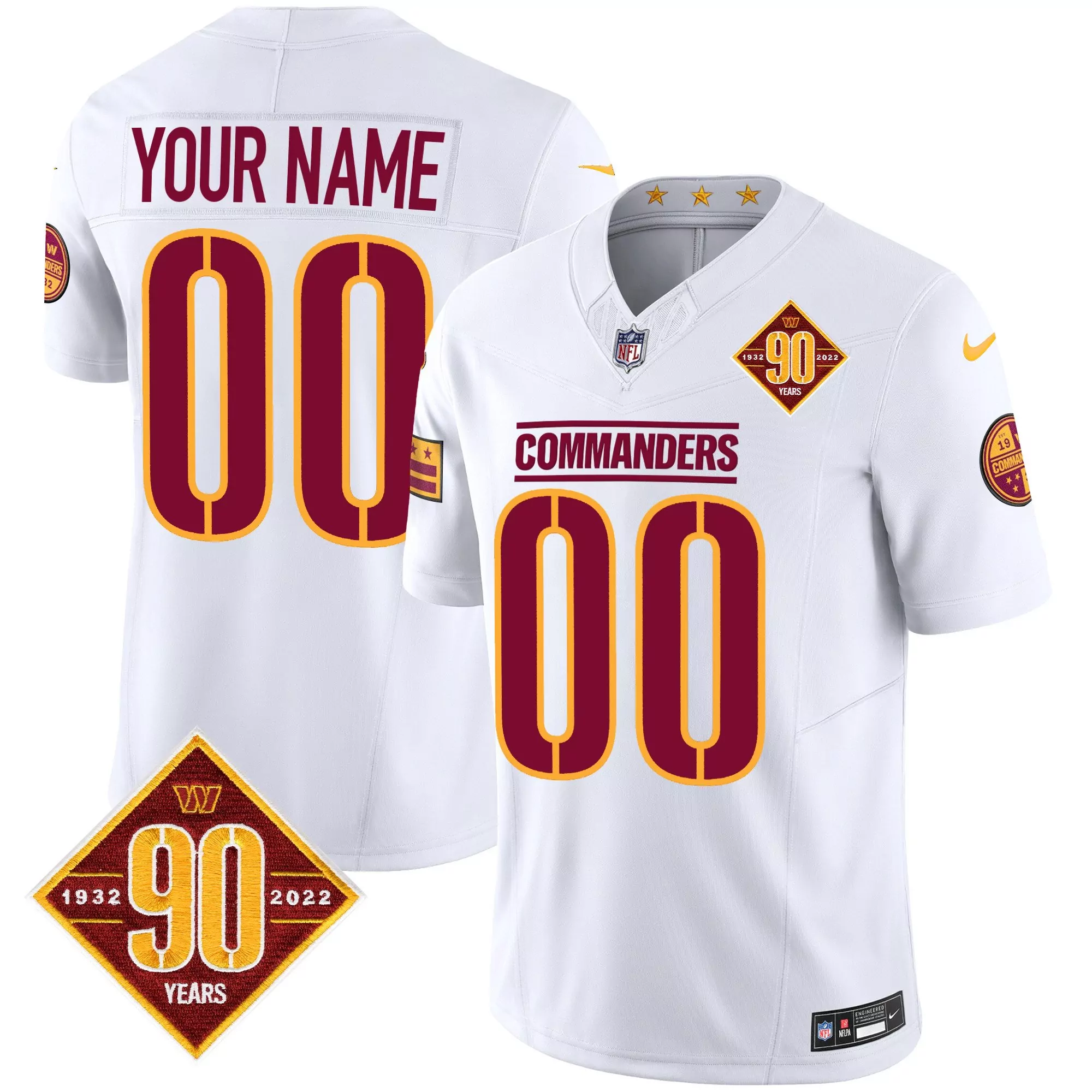 white youth washington commanders 90th anniversary patch vapor custom jersey all stitched