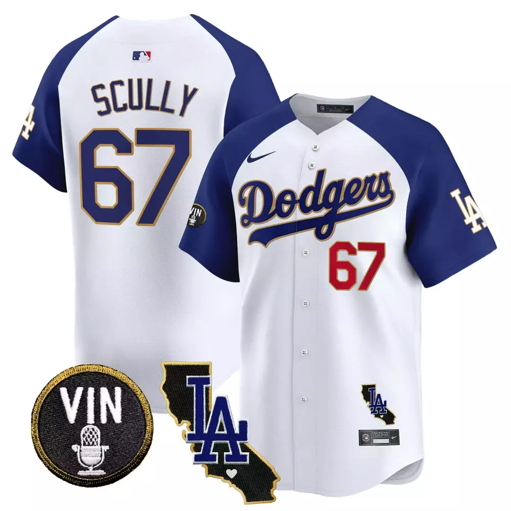 Vin Scully Dodgers California Patch Gold Trim Vapor Premier Limited Jersey | White/Royal | Fan Gear for Men, Women & Youth