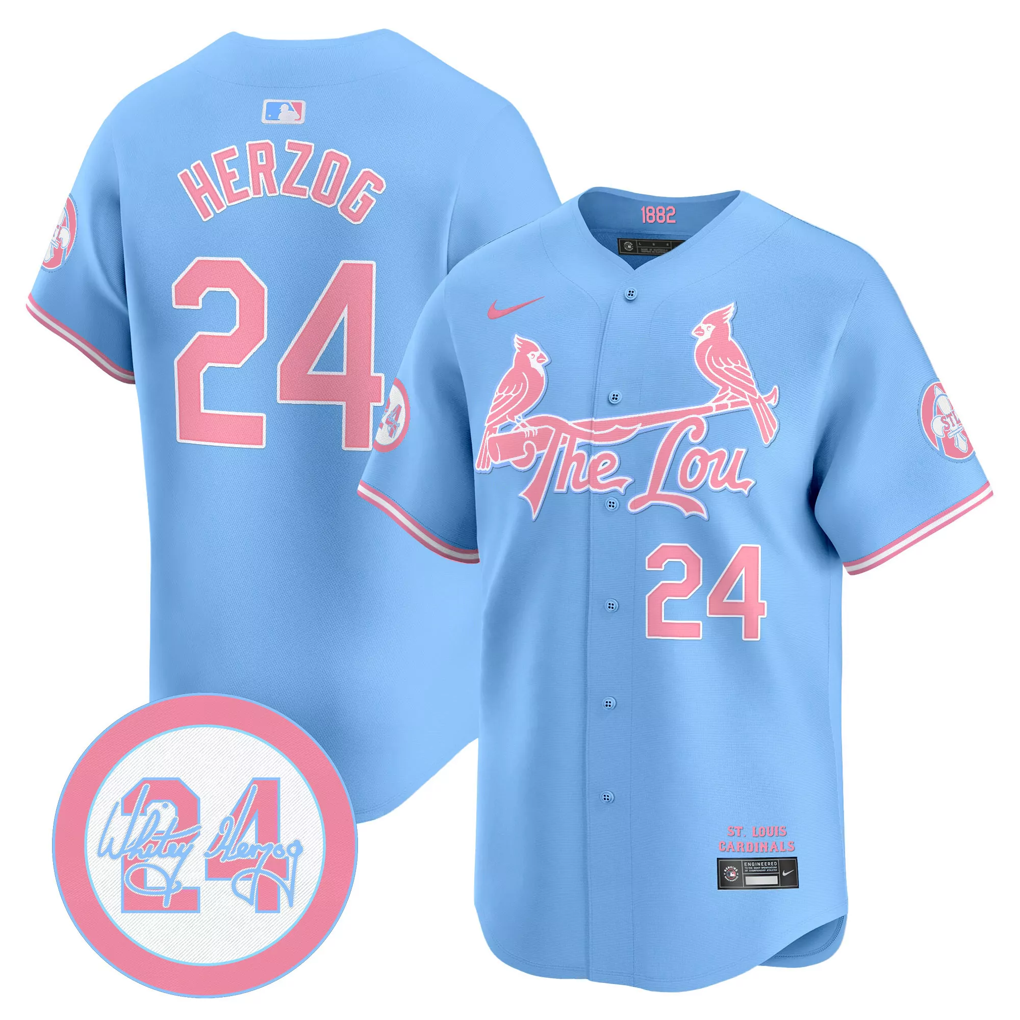 whitey herzog light blue unisex st louis cardinals bubblegum pink vapor premier limited jersey all stitched
