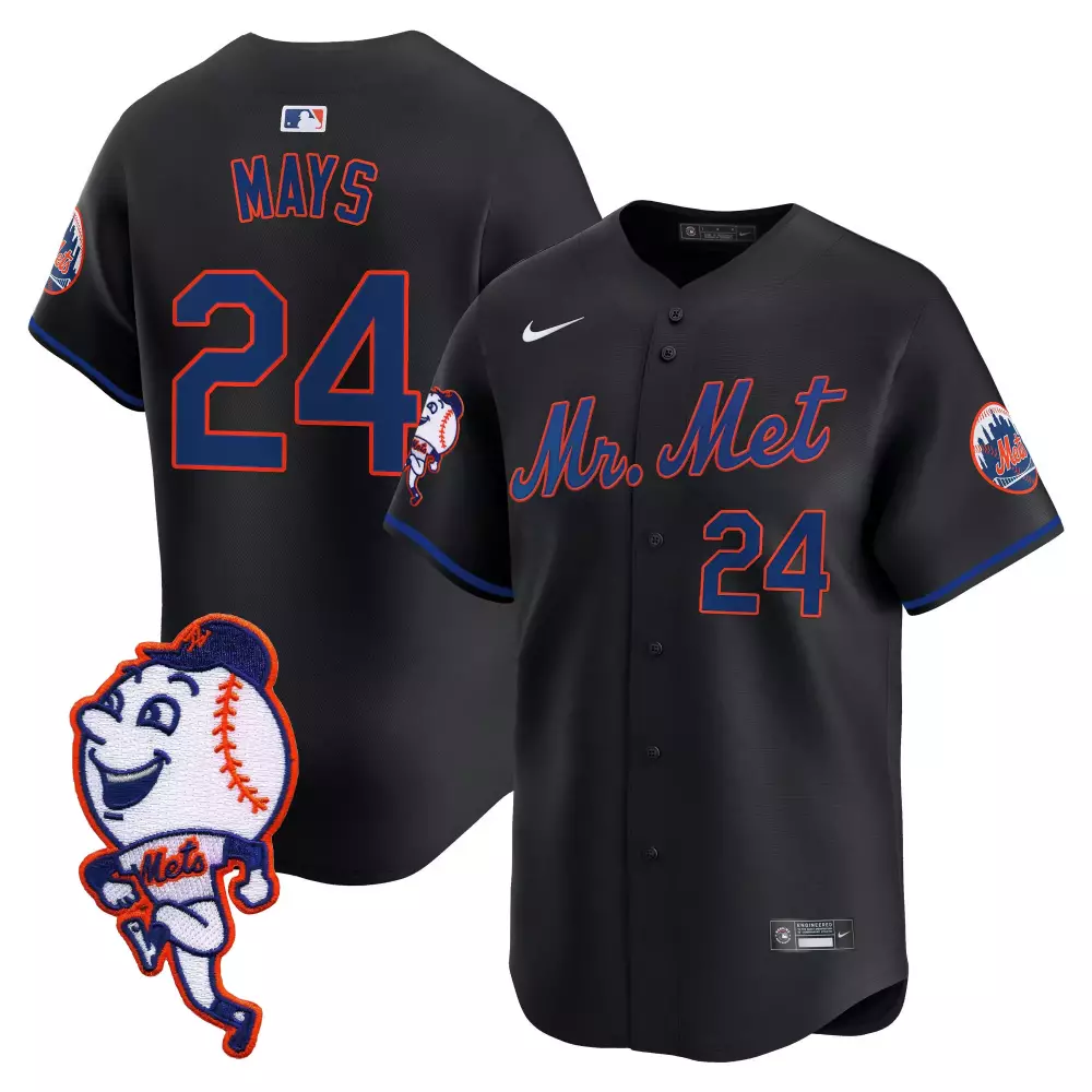 willie mays black mens new york mets mr met patch vapor premier limited jersey all stitched