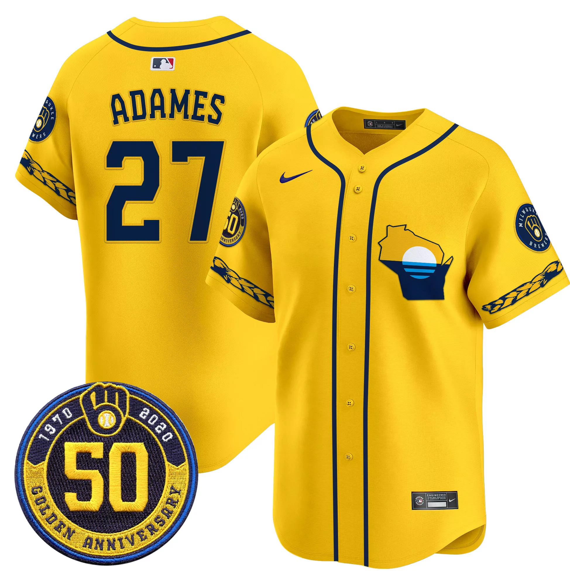 willy adames gold mens milwaukee brewers golden 50th anniversary patch vapor premier limited jersey all stitched