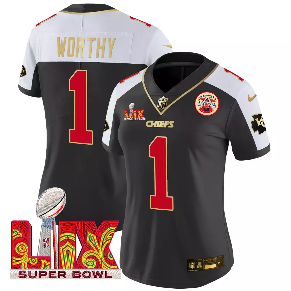 Xavier Worthy Black Alternate Women's Chiefs Super Bowl LIX Gold Trim Jersey | Stitched Vapor Limited Edition | For Men, Women & Youth