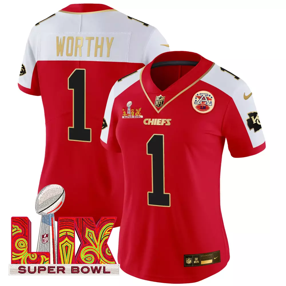 xavier worthy red alternate womens kansas city chiefs super bowl lix patch gold trim vapor limited jersey all stitched