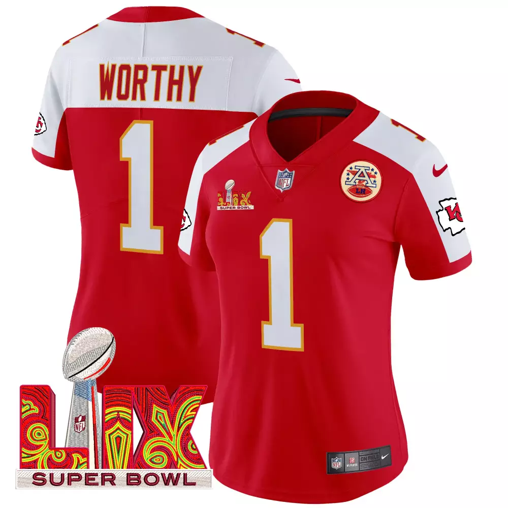 xavier worthy red alternate womens kansas city chiefs super bowl lix patch gold trim vapor limited jersey all stitched