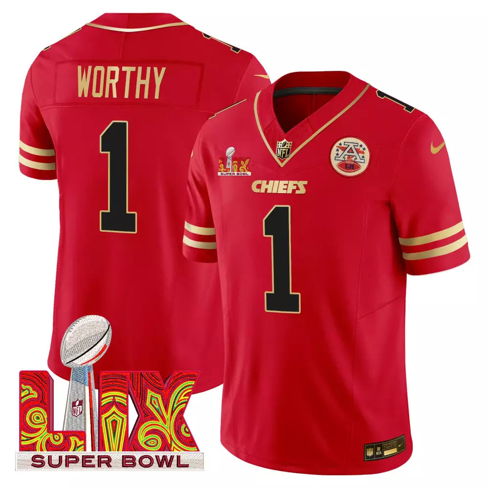 xavier worthy red mens kansas city chiefs super bowl lix patch gold trim vapor limited jersey all stitched