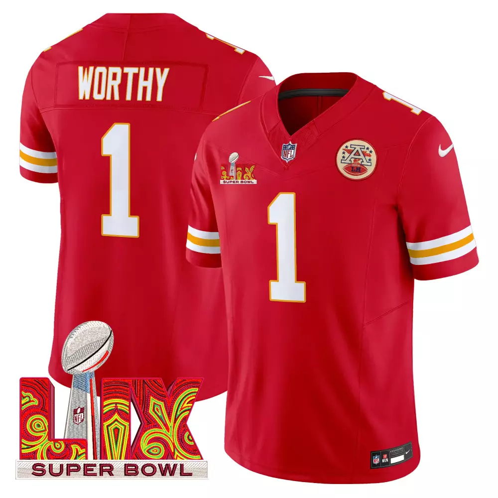xavier worthy red mens kansas city chiefs super bowl lix patch gold trim vapor limited jersey all stitched