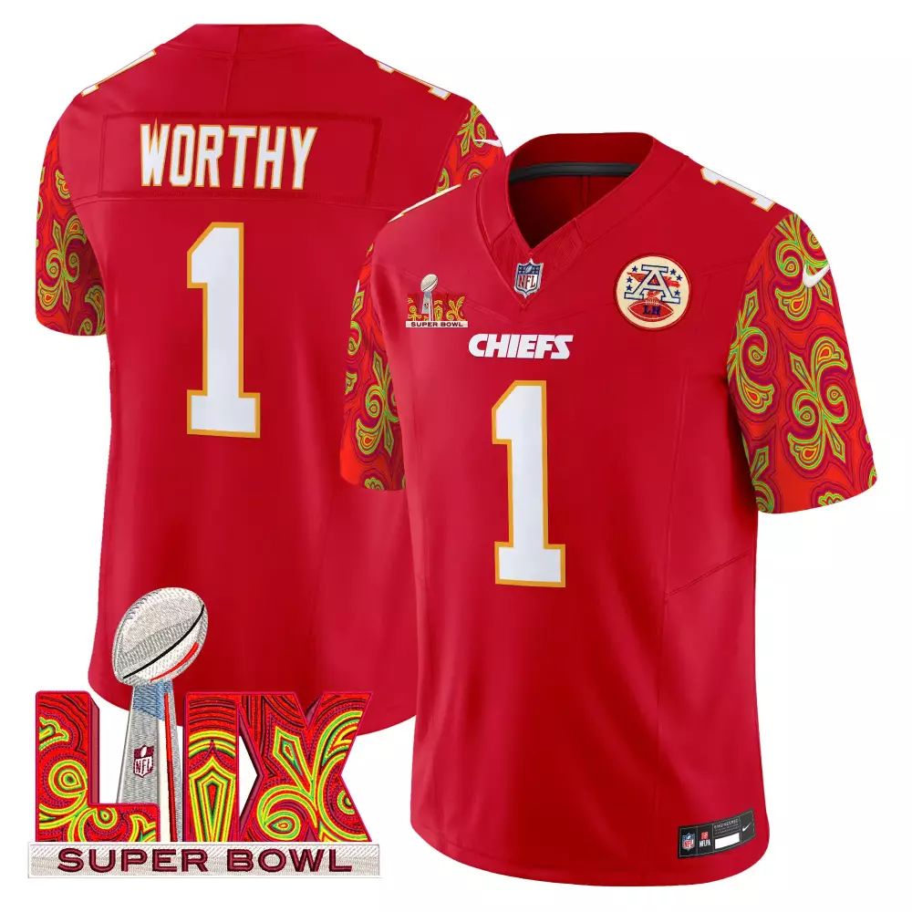 xavier worthy red mens kansas city chiefs super bowl lix patch gold trim vapor limited jersey all stitched