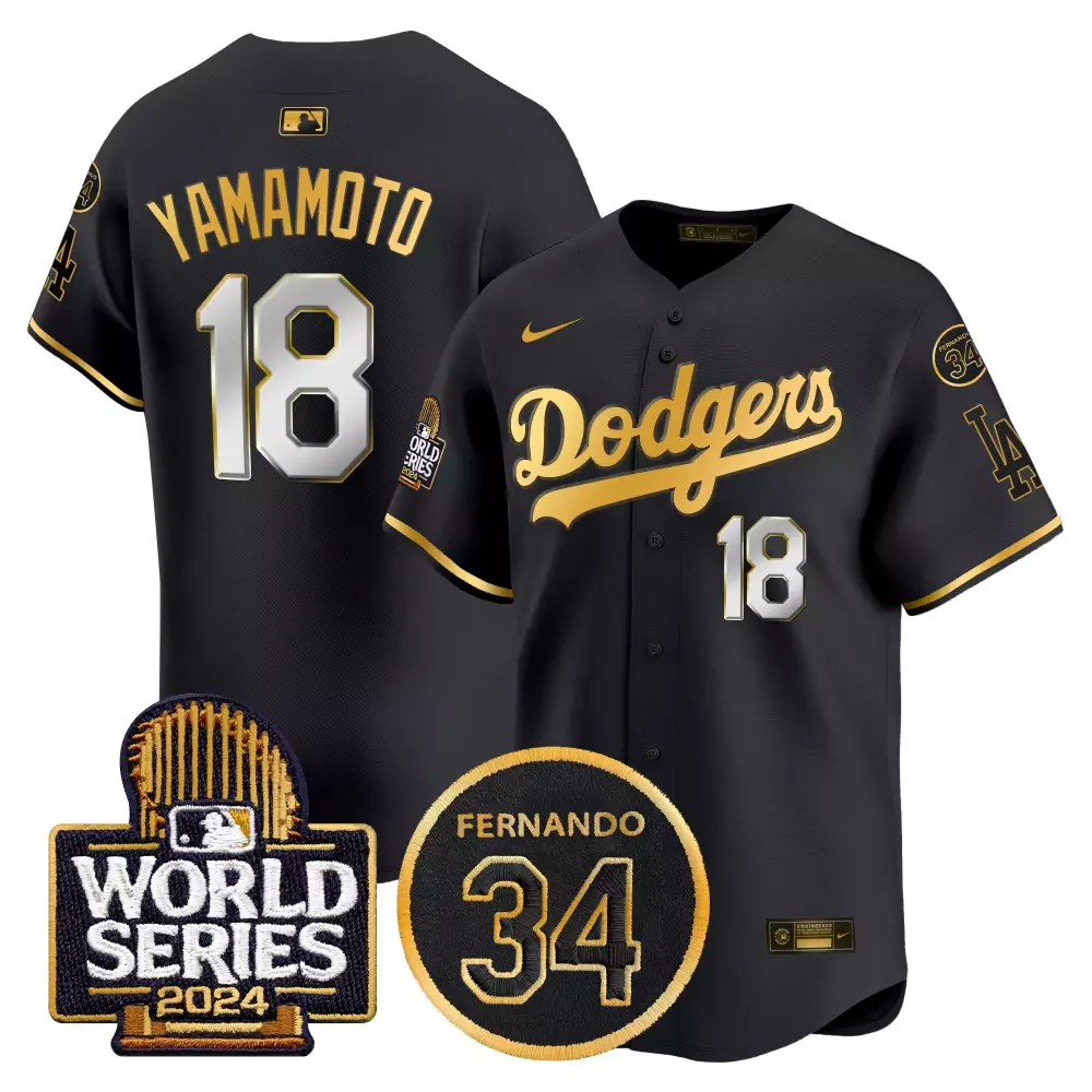Yamamoto Fernando Memorial 2024 World Series Dodgers Black Gold Jersey | Limited Edition Vapor Premier | Fan Gear for Men, Women & Youth